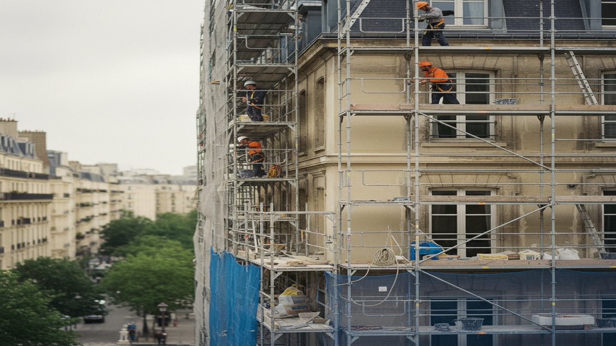 Ravalement de facade avec echafaudage sur immeuble residentiel