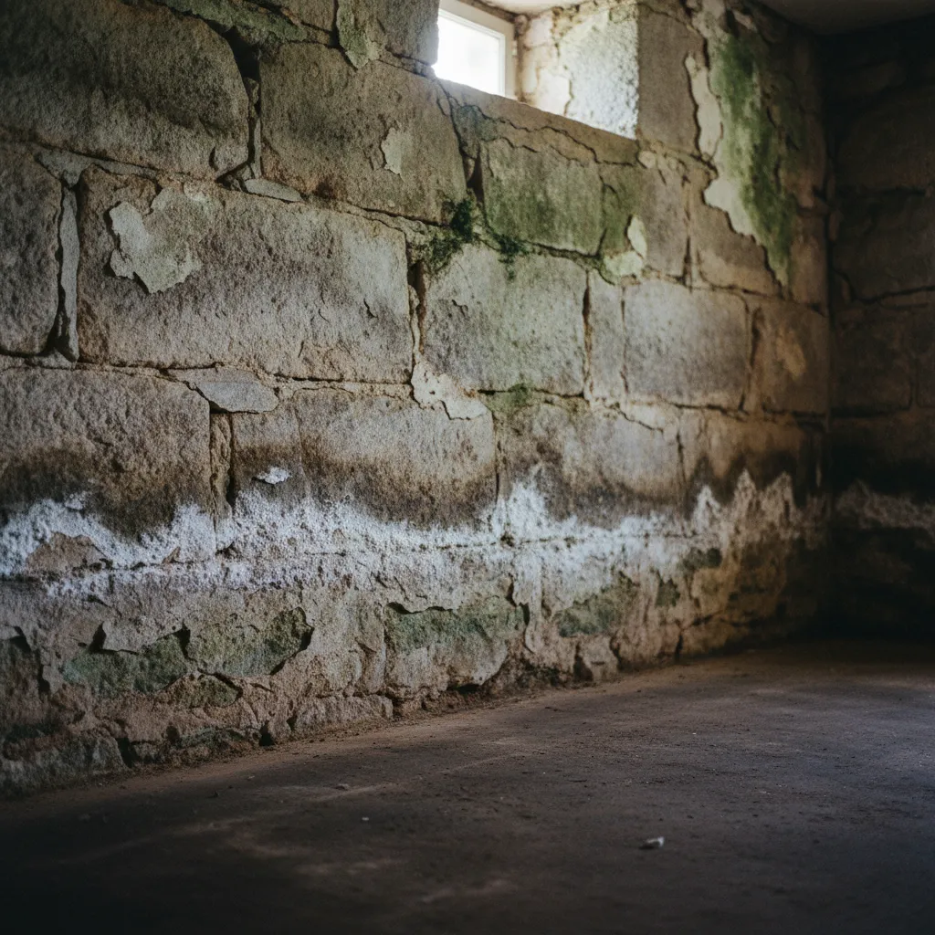 Remontées capillaires et salpêtre visible en bas d'un mur ancien en pierre