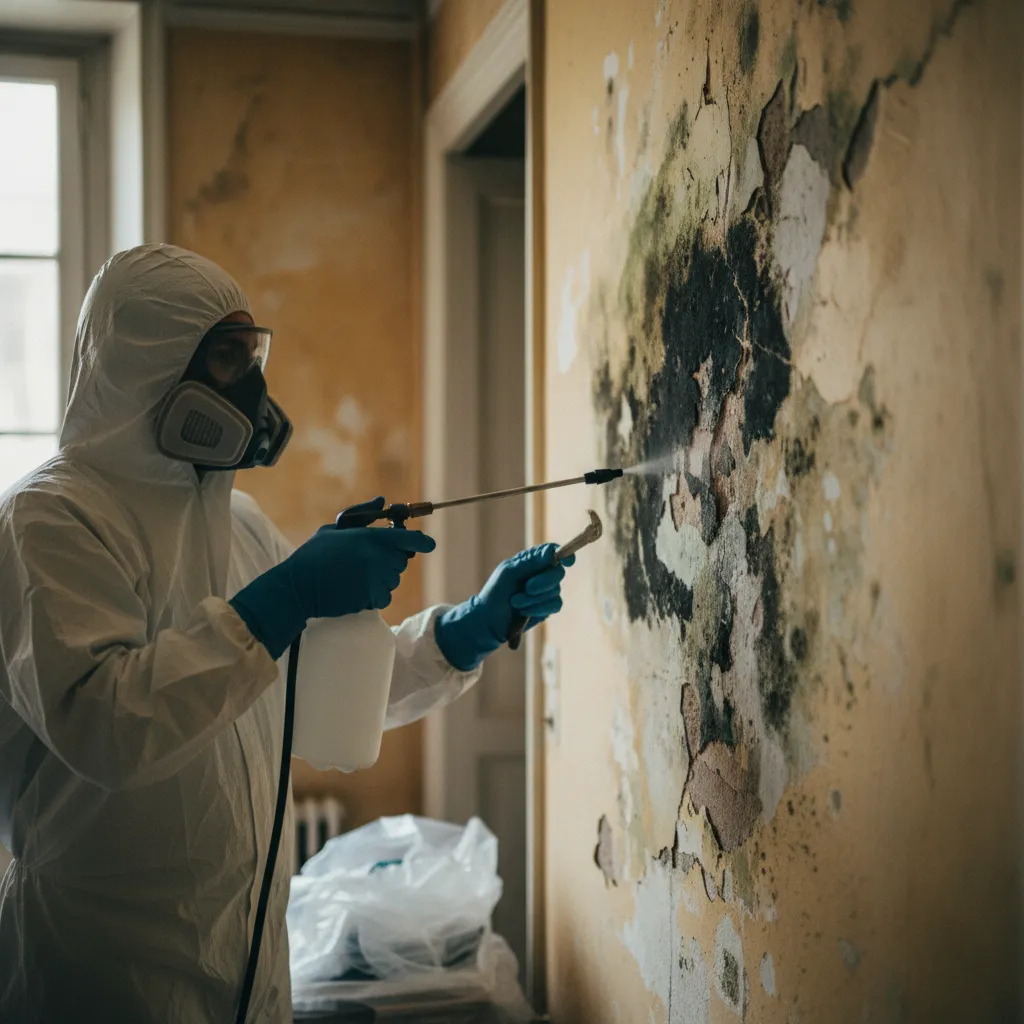 Application d'un traitement fongicide professionnel sur un mur contaminé par les moisissures