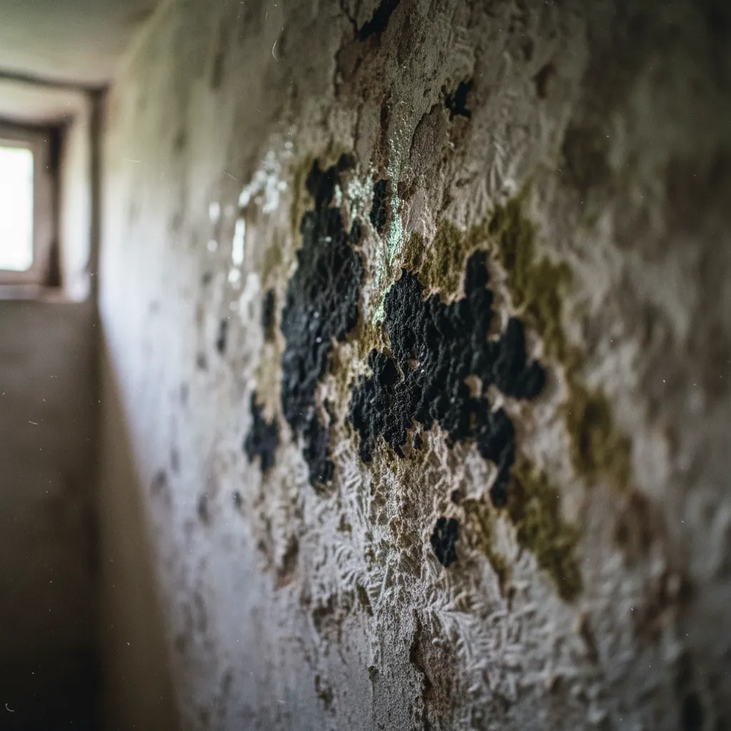 Moisissures noires et vertes sur un mur de cave humide, un cas classique de remontées capillaires
