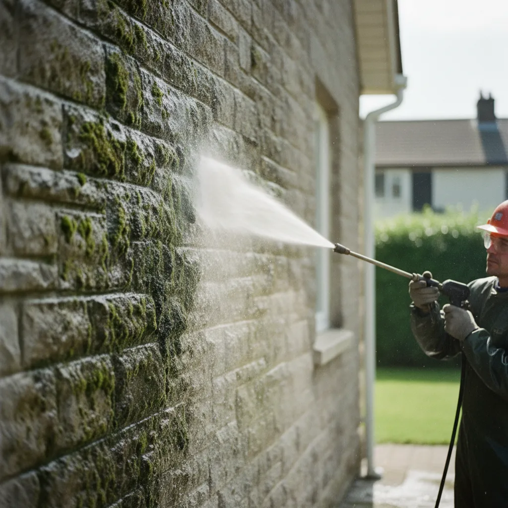 Nettoyage haute pression d'une façade encrassée avant ravalement