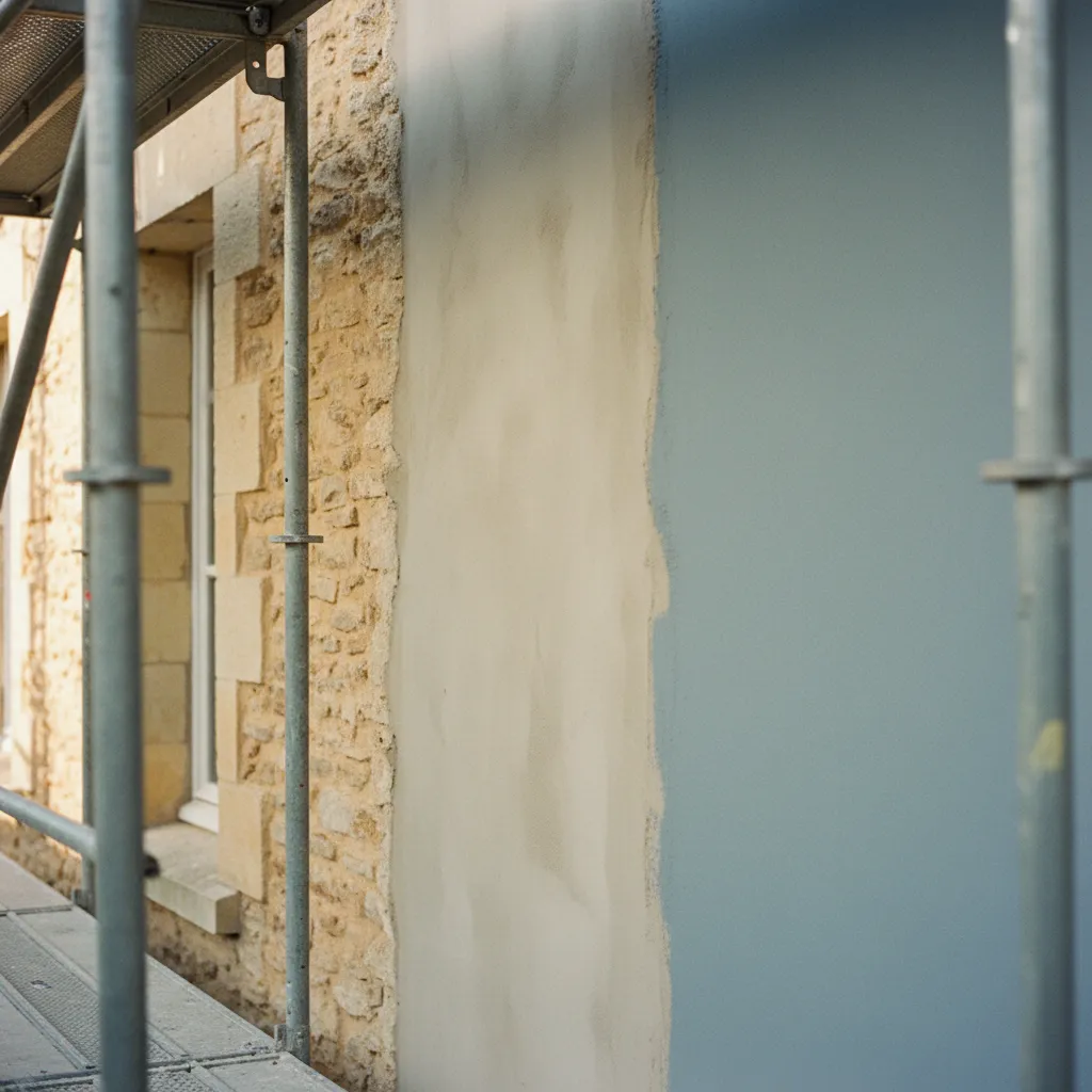 Les différentes étapes du ravalement visibles sur une même façade : nettoyage, enduit et finition