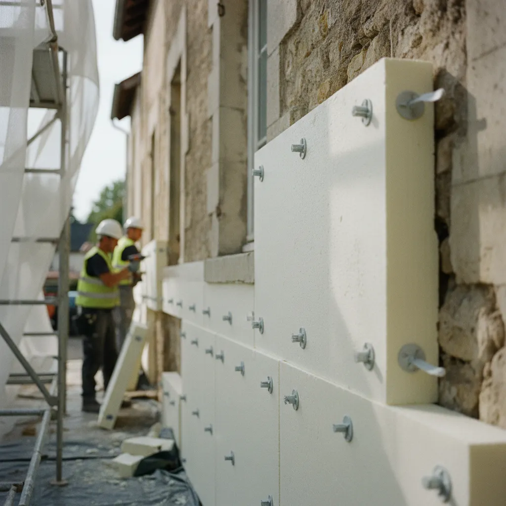 Pose de panneaux isolants lors d'un ravalement couplé à une ITE sur maison individuelle