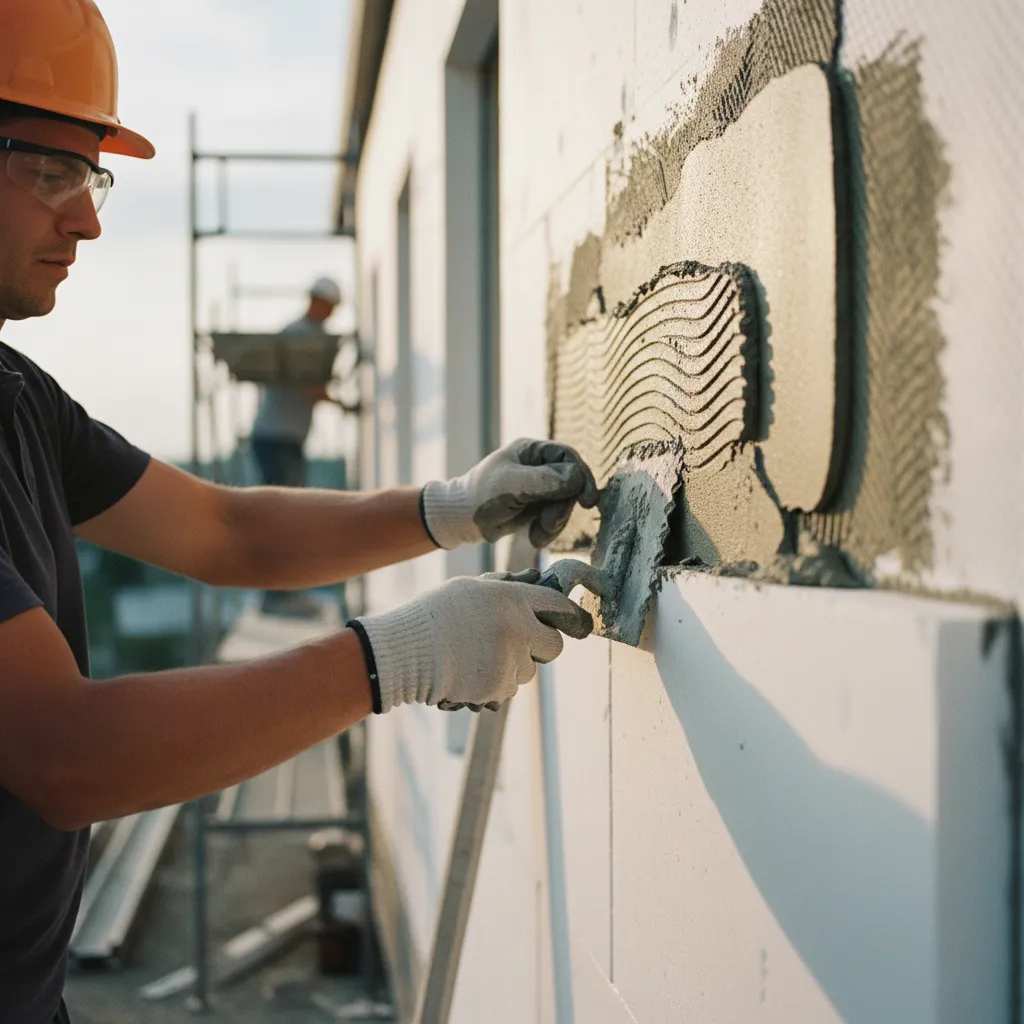Application de mortier-colle sur un panneau isolant en polystyrène expansé