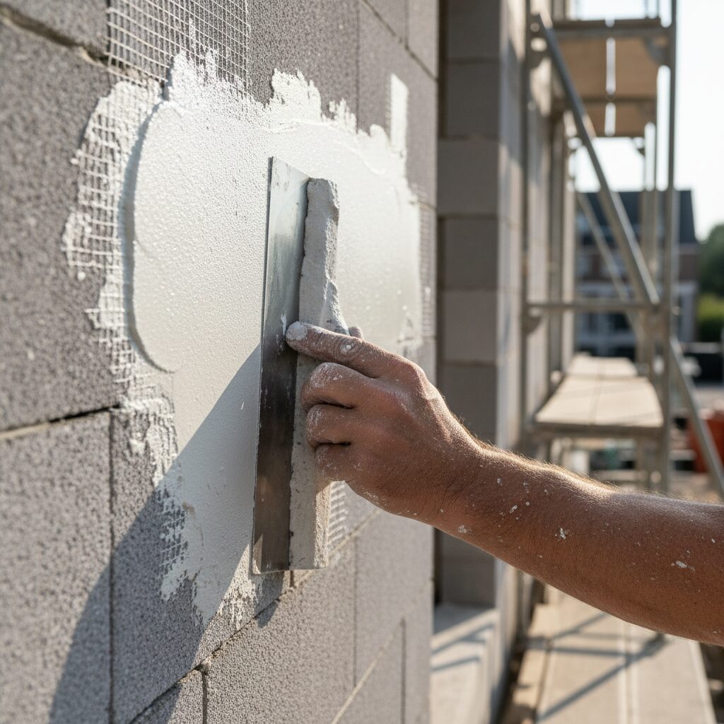 Artisan façadier appliquant un crépi extérieur au platoir sur un mur préparé