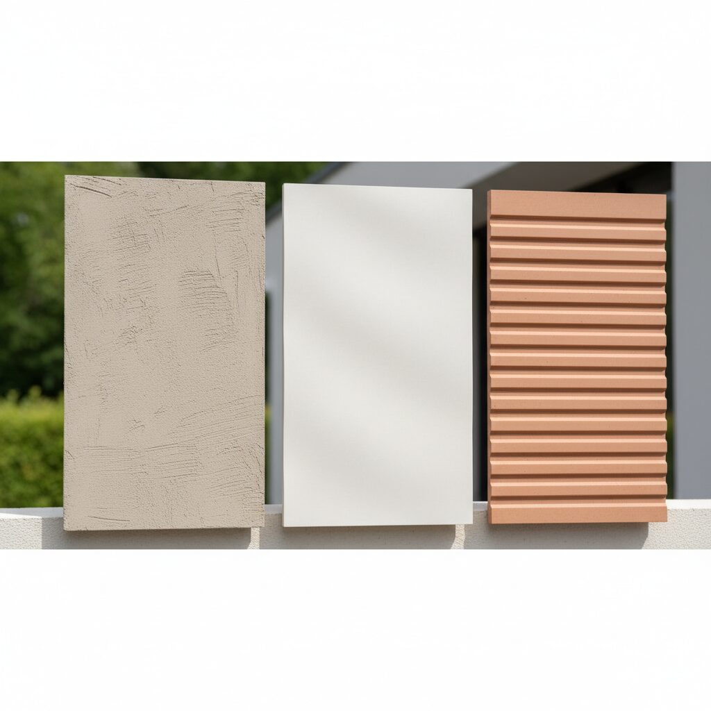 Trois échantillons de finitions de crépi extérieur gratté taloché et ribbé côte à côte