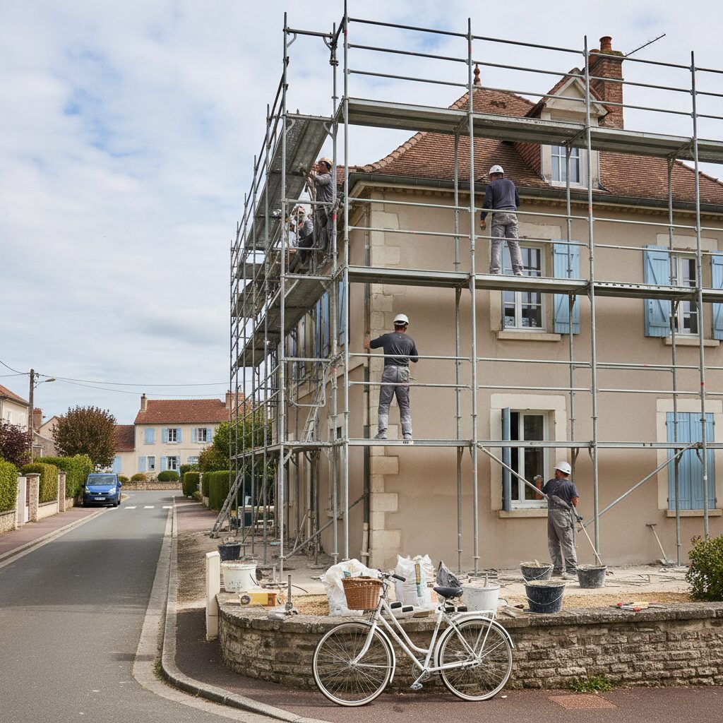Chantier de ravalement avec échafaudage sur maison individuelle pendant application du crépi