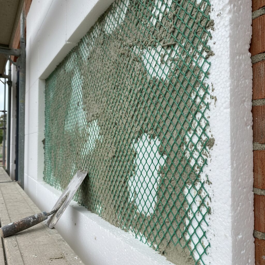 Système d'isolation thermique par l'extérieur avec panneaux PSE et treillis avant crépi de finition