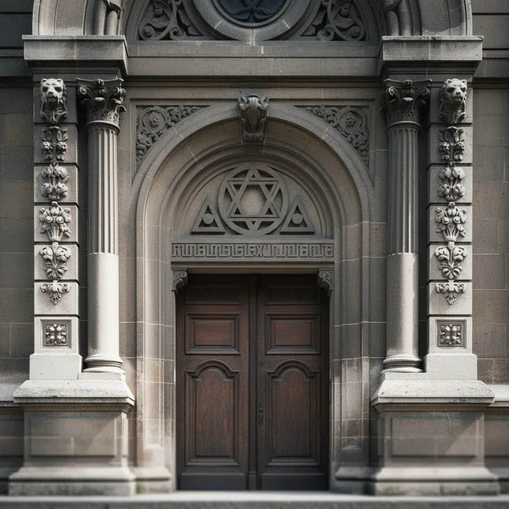 Entrée d'une ancienne loge maçonnique avec symboles sculptés sur la façade en pierre