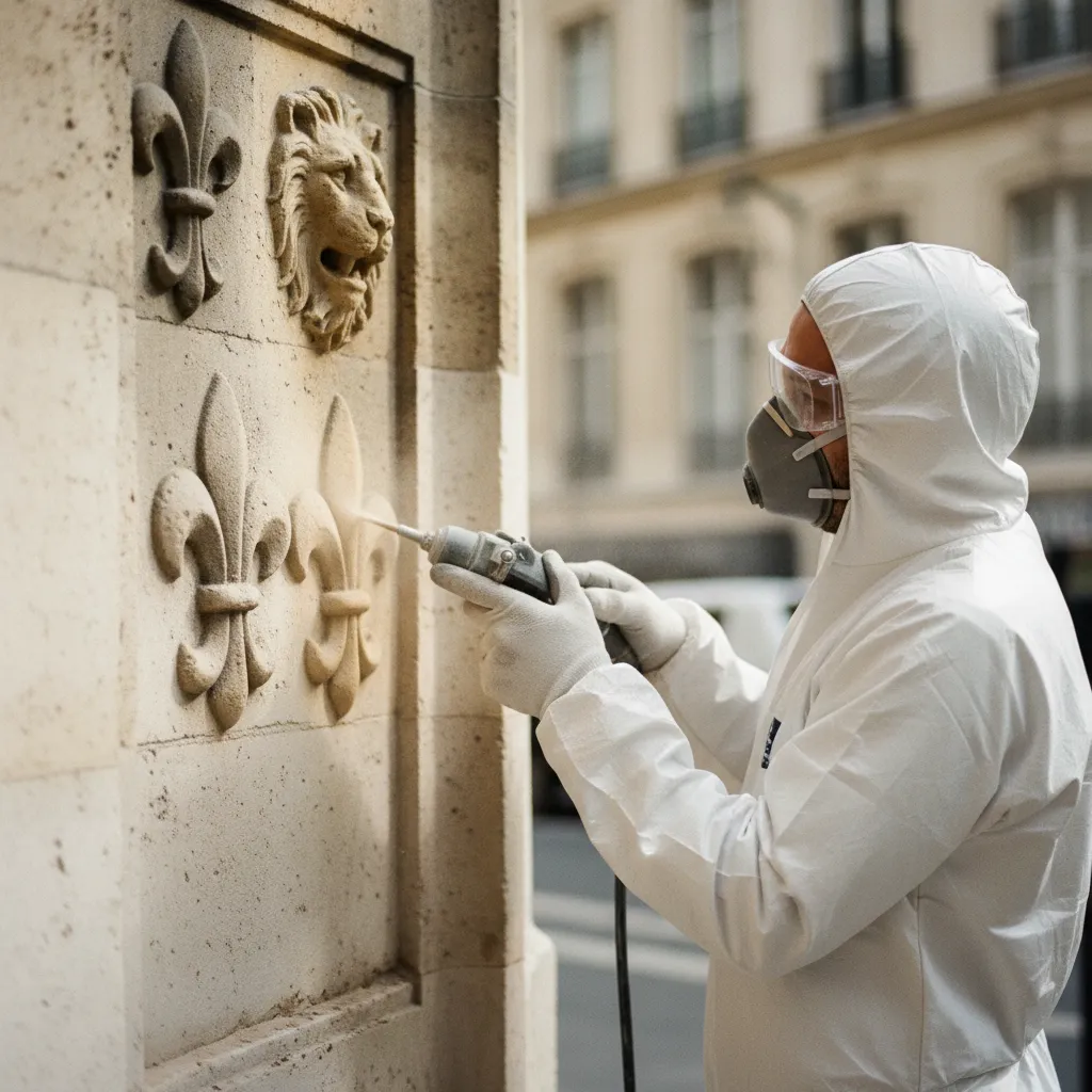 Restauration minutieuse d'un motif symbolique sculpté sur une façade ancienne