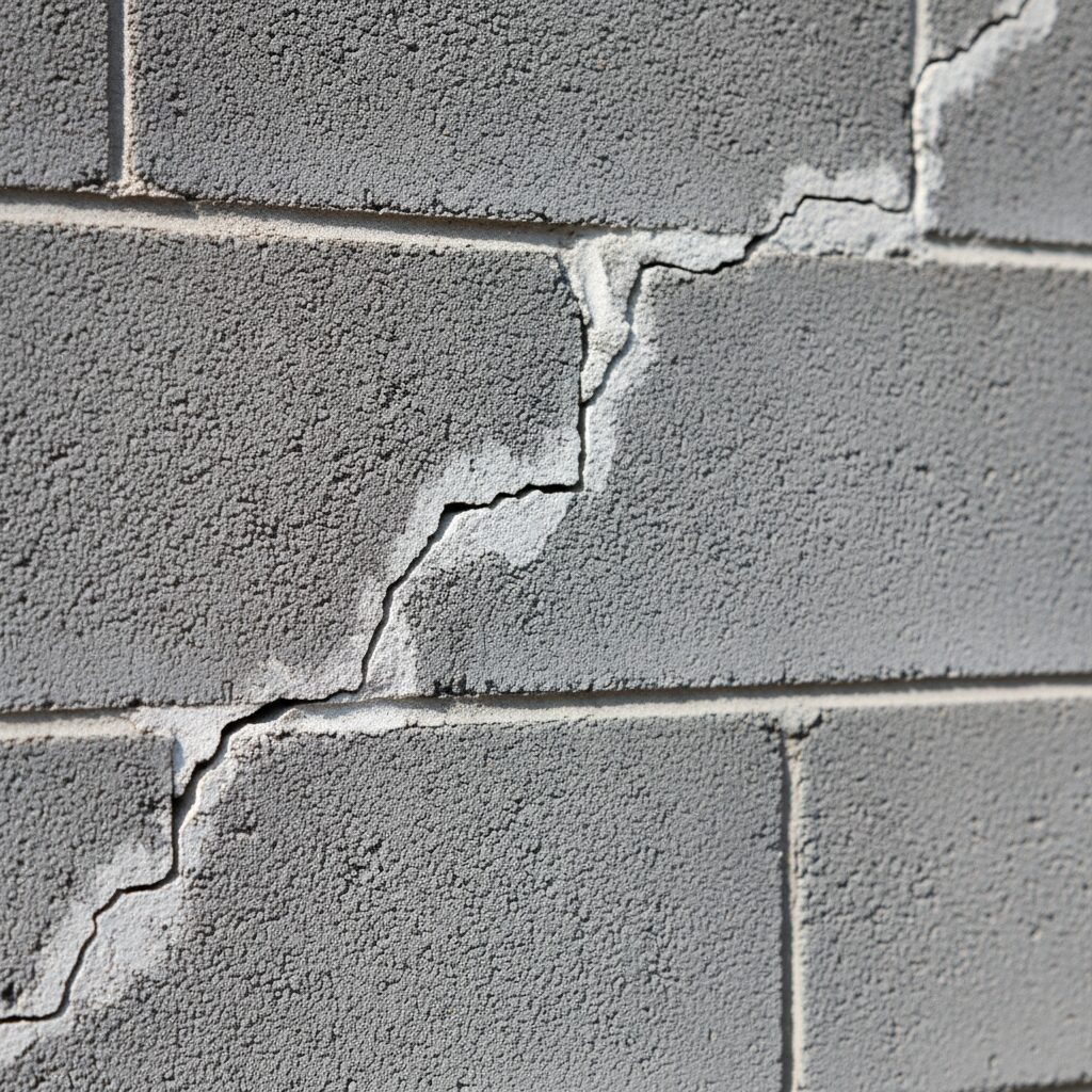 Fissure en escalier sur un mur en parpaings révélant un tassement différentiel