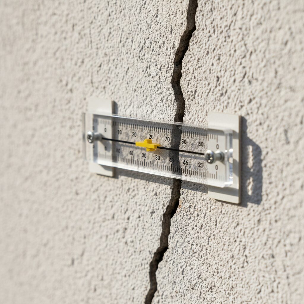 Fissuromètre à vernier posé sur une fissure de façade pour suivi d'évolution