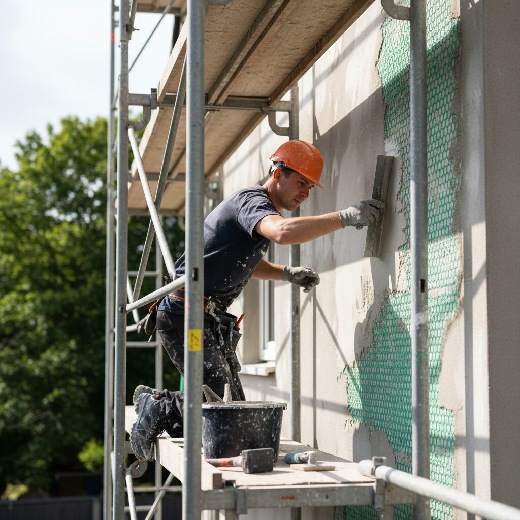 Application d'un enduit armé de treillis fibre de verre sur façade fissurée
