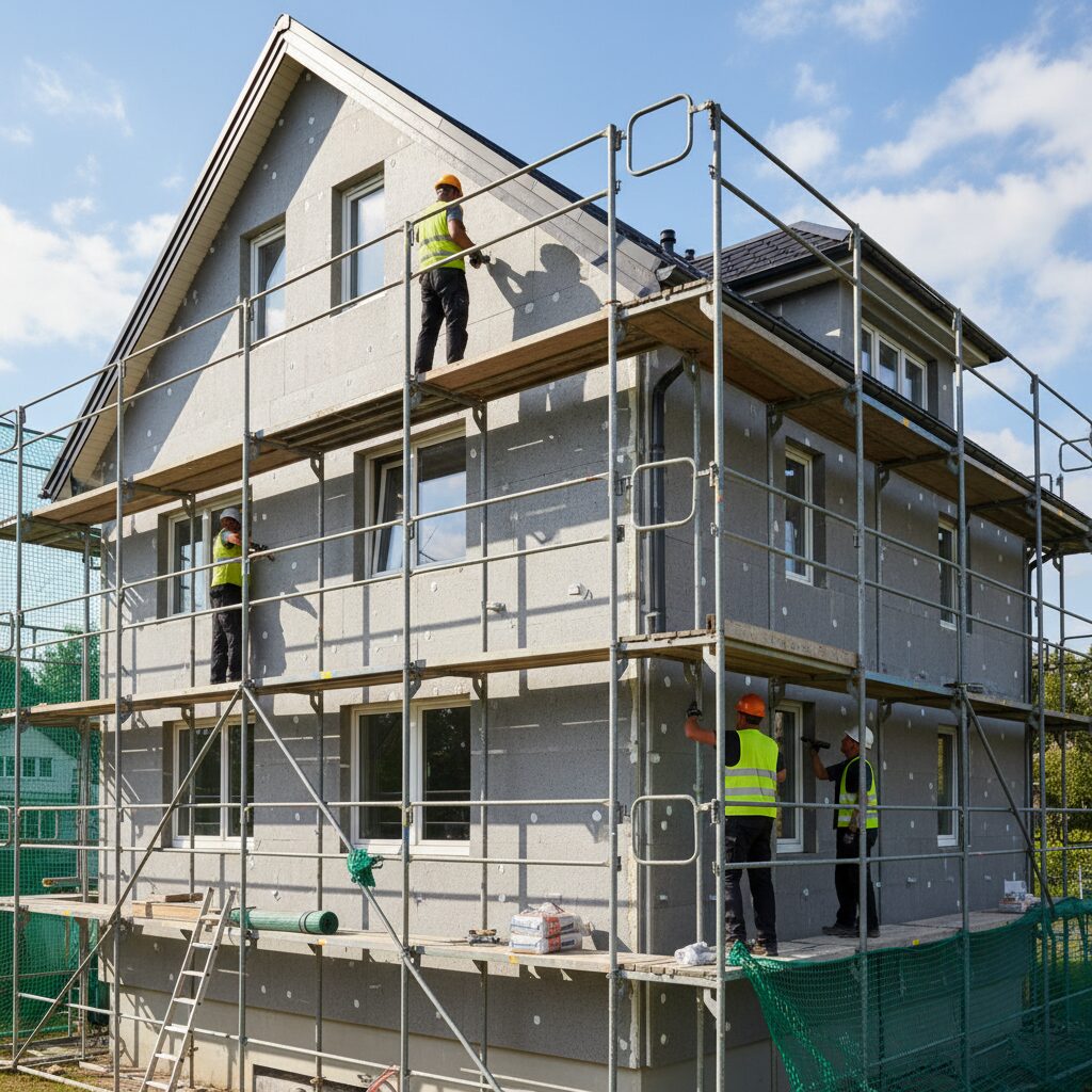 Chantier d'isolation thermique par l'extérieur sur maison après traitement de fissures