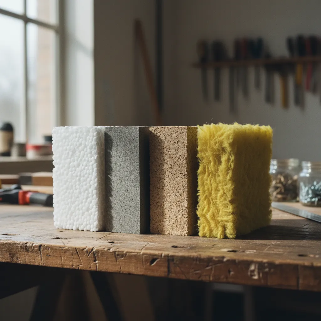 Échantillons des principaux isolants extérieurs : PSE blanc, PSE graphité, fibre de bois et laine de roche