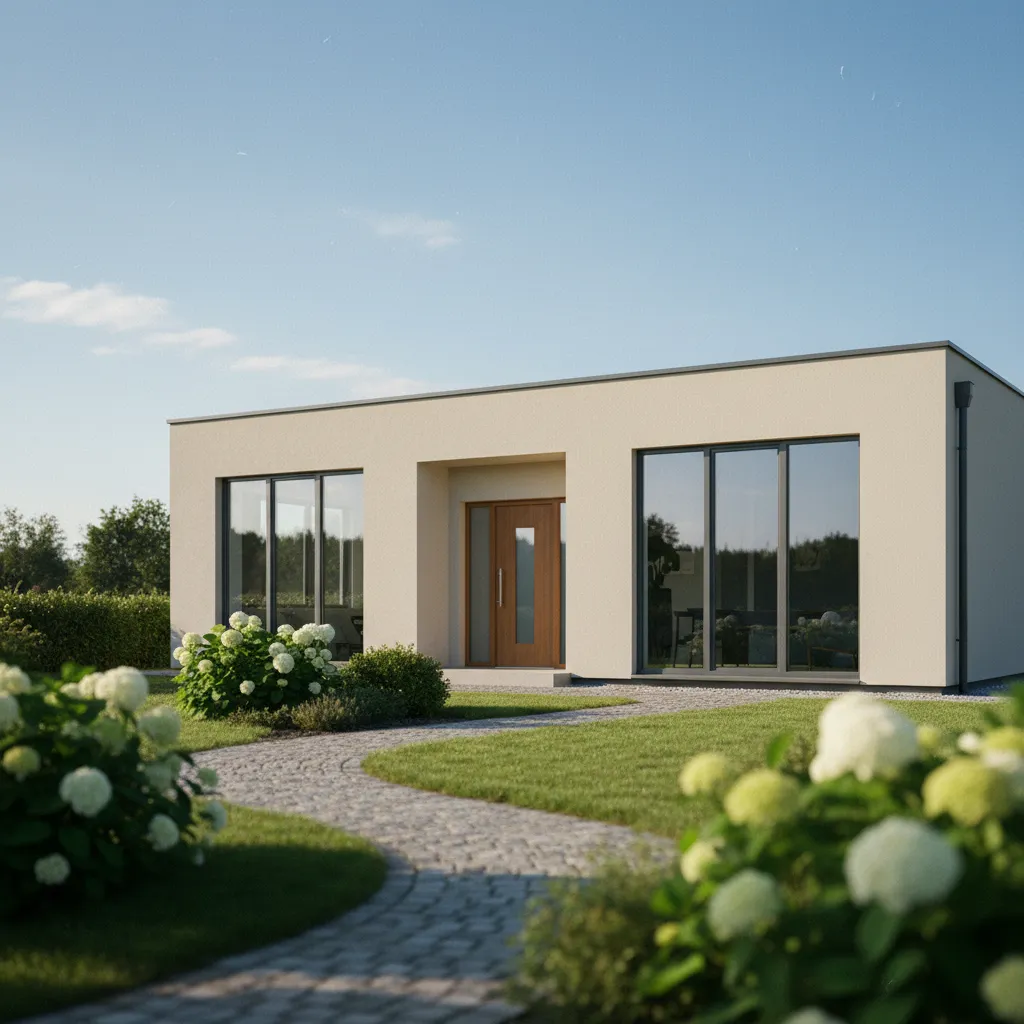 Maison après isolation thermique par l'extérieur avec enduit de finition taloché beige clair