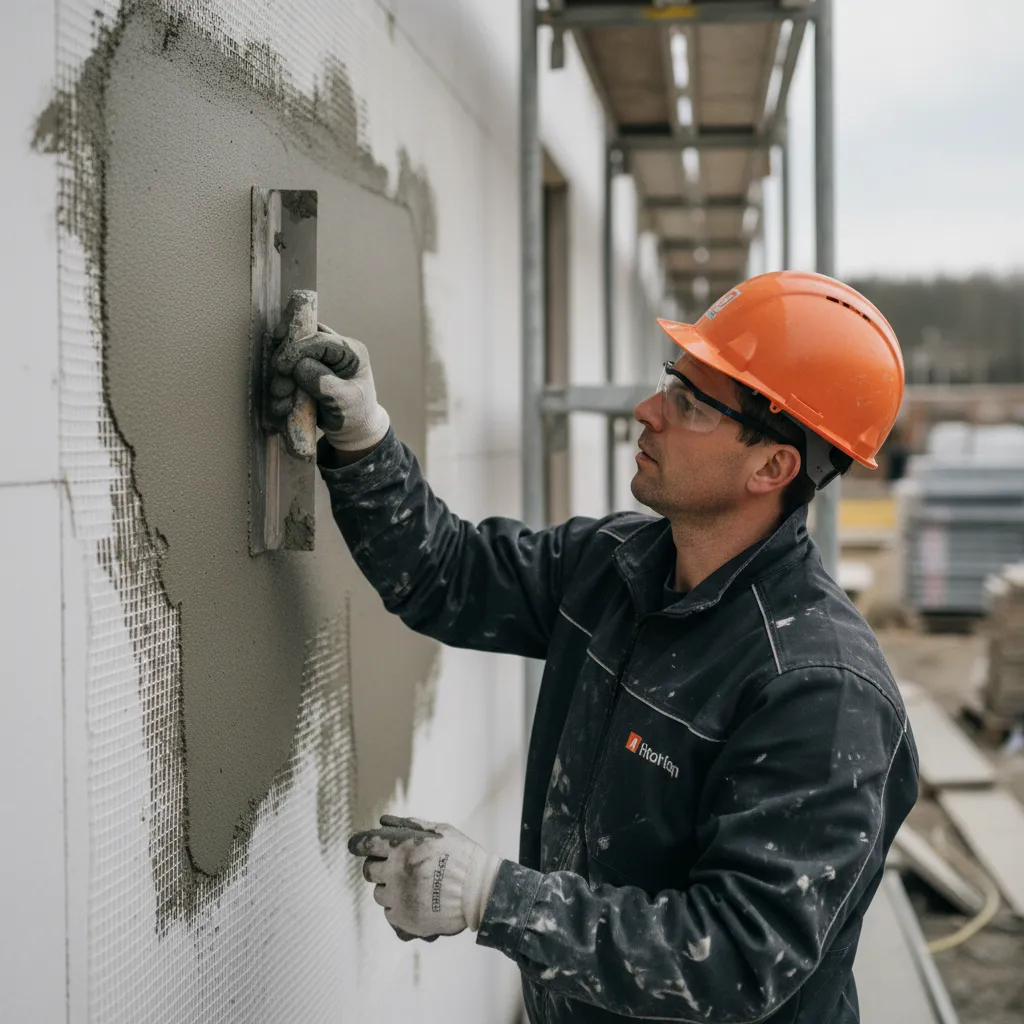Application du sous-enduit armé avec treillis en fibre de verre sur panneaux isolants