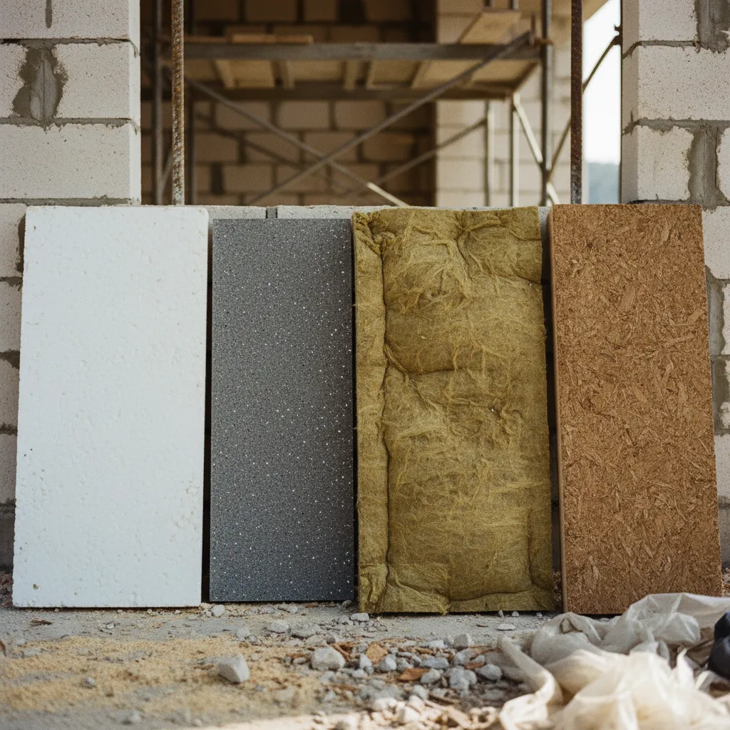 Comparatif visuel des principaux isolants utilisés en ITE : PSE blanc, PSE graphité, laine de roche et fibre de bois