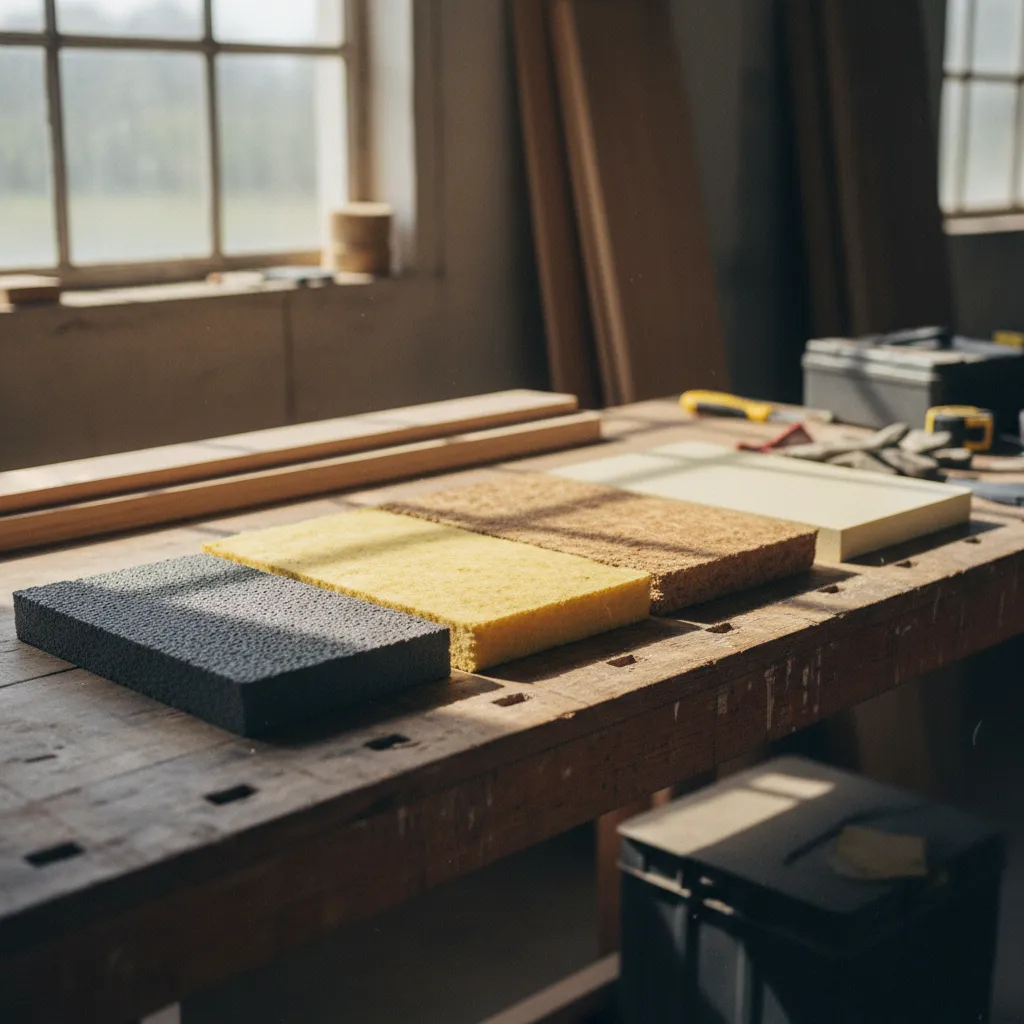 Comparatif visuel des principaux isolants pour ITE : PSE, laine de roche, fibre de bois et polyuréthane