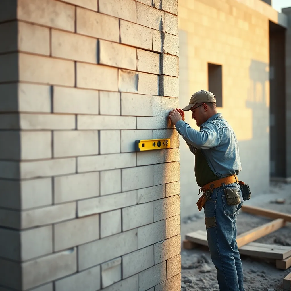 Contrôle qualité d'un mur en parpaings avec niveau à bulle après la pose