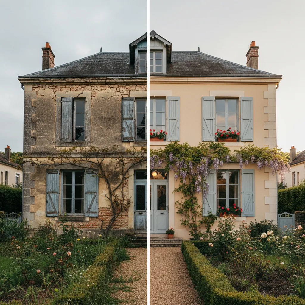 Le contraste entre une façade dégradée et une façade rénovée illustre l'impact des travaux sur l'aspect général