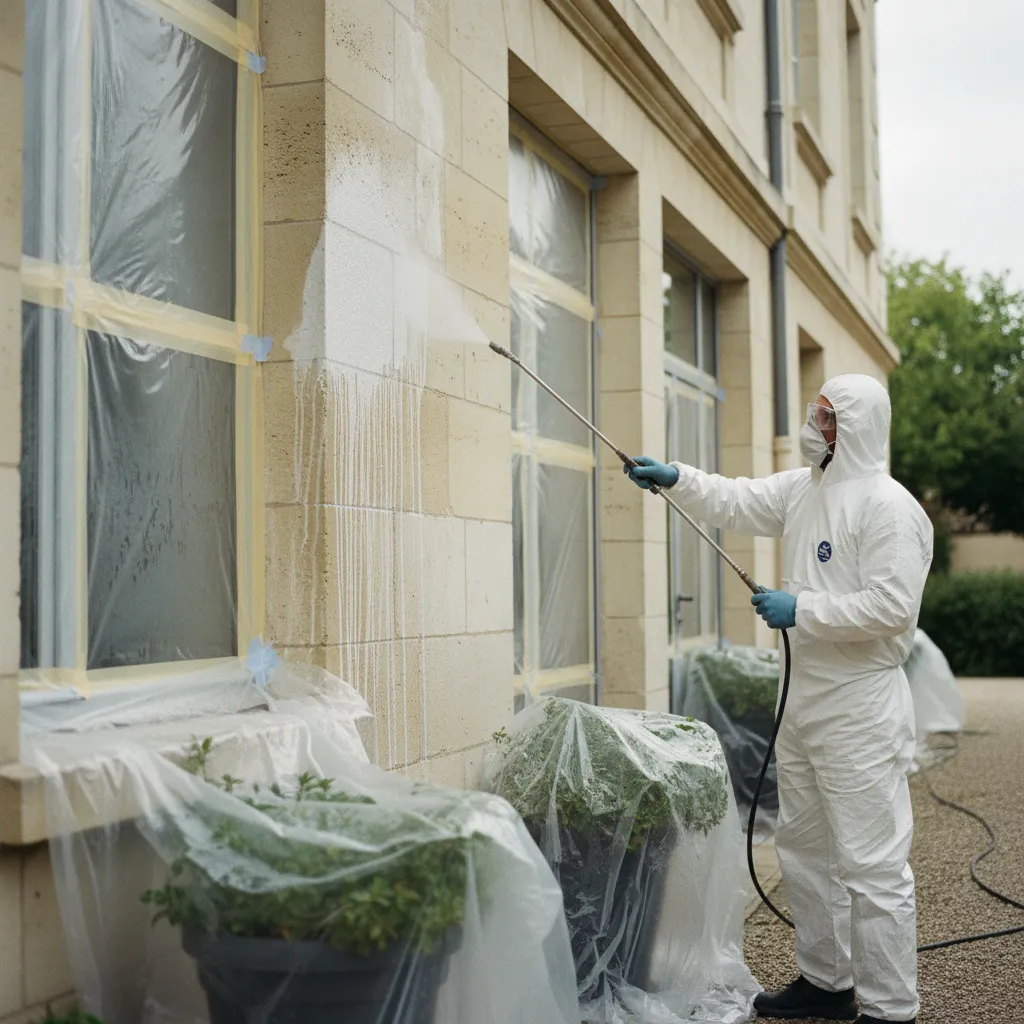Application d'un traitement chimique sur une façade en pierre calcaire avec protection des abords