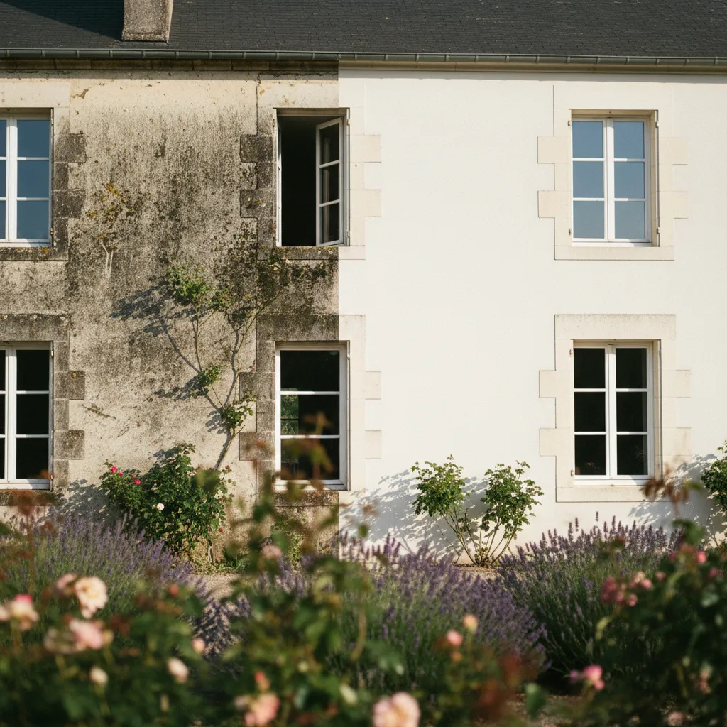 Résultat avant/après d'un nettoyage de façade sur un enduit ciment