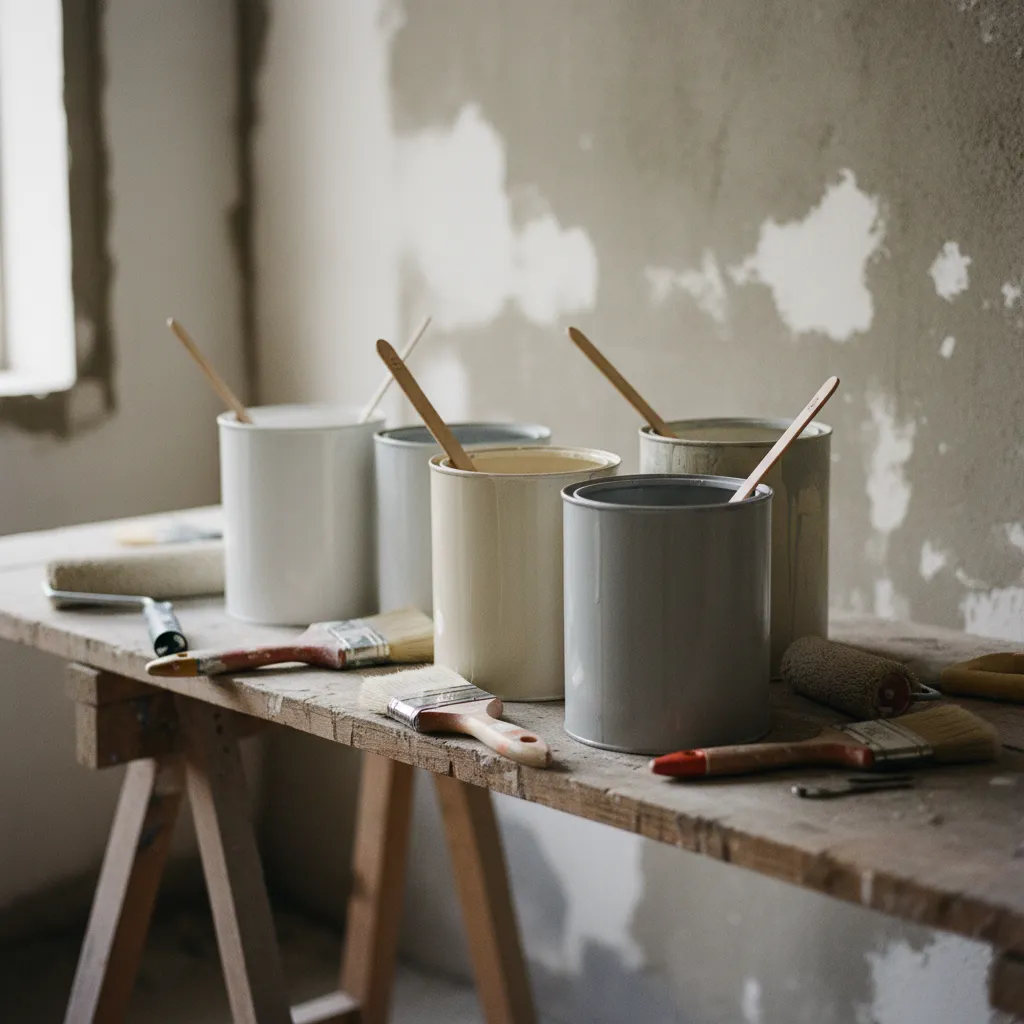 Différents types de peinture de façade extérieure prêts à l'application sur chantier