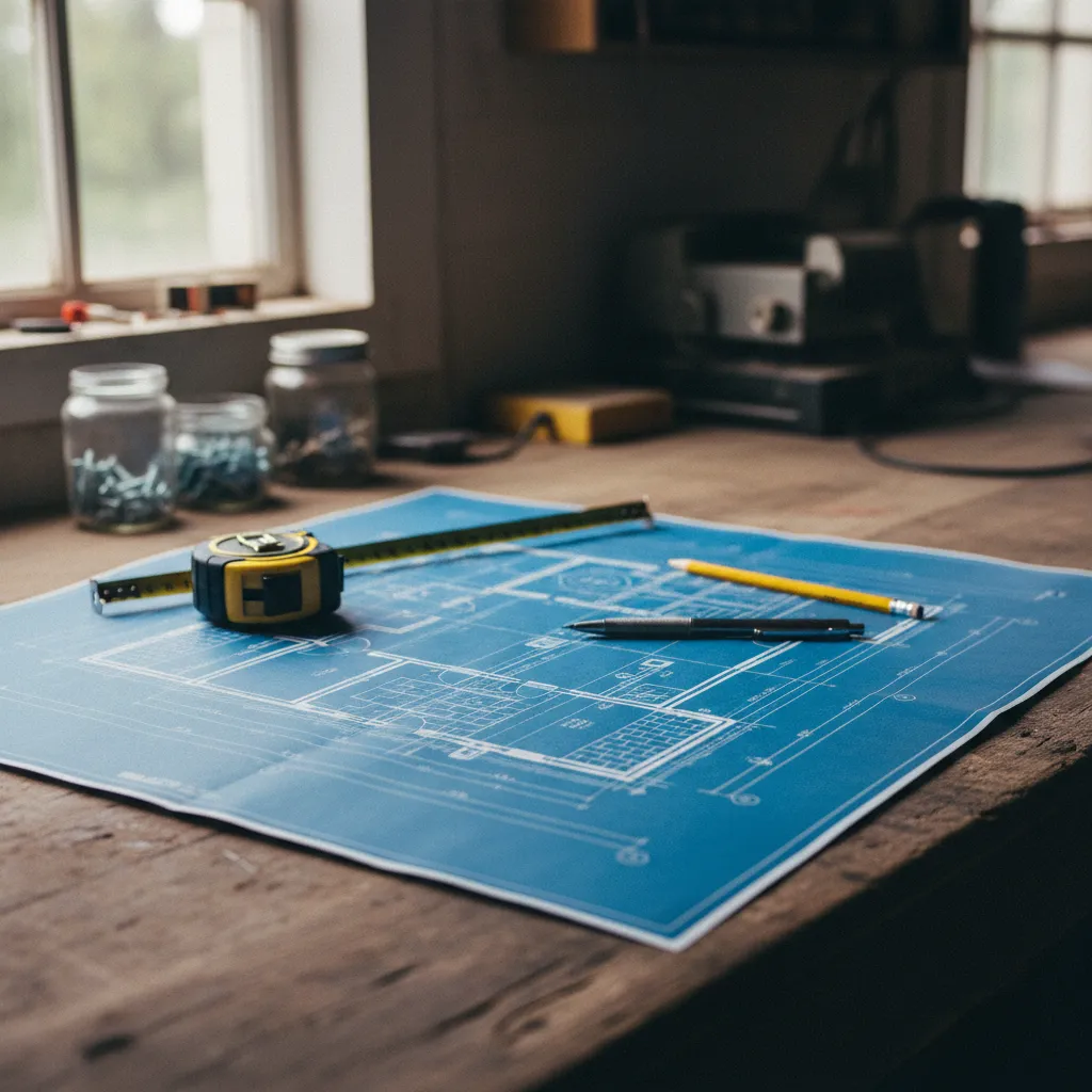 Plan de maçonnerie PDF étalé sur l'établi avant le démarrage du chantier