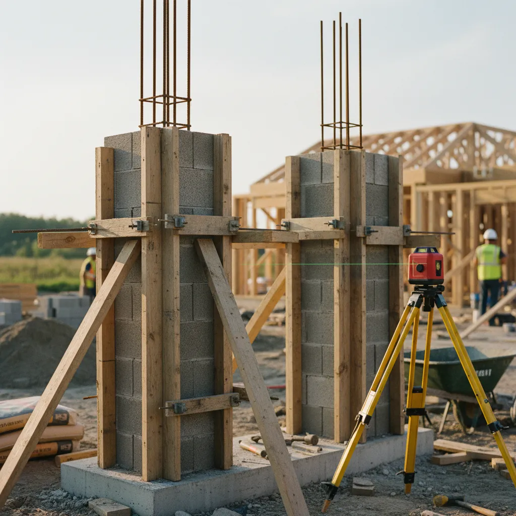 Montage des piliers en parpaings avec vérification au niveau laser