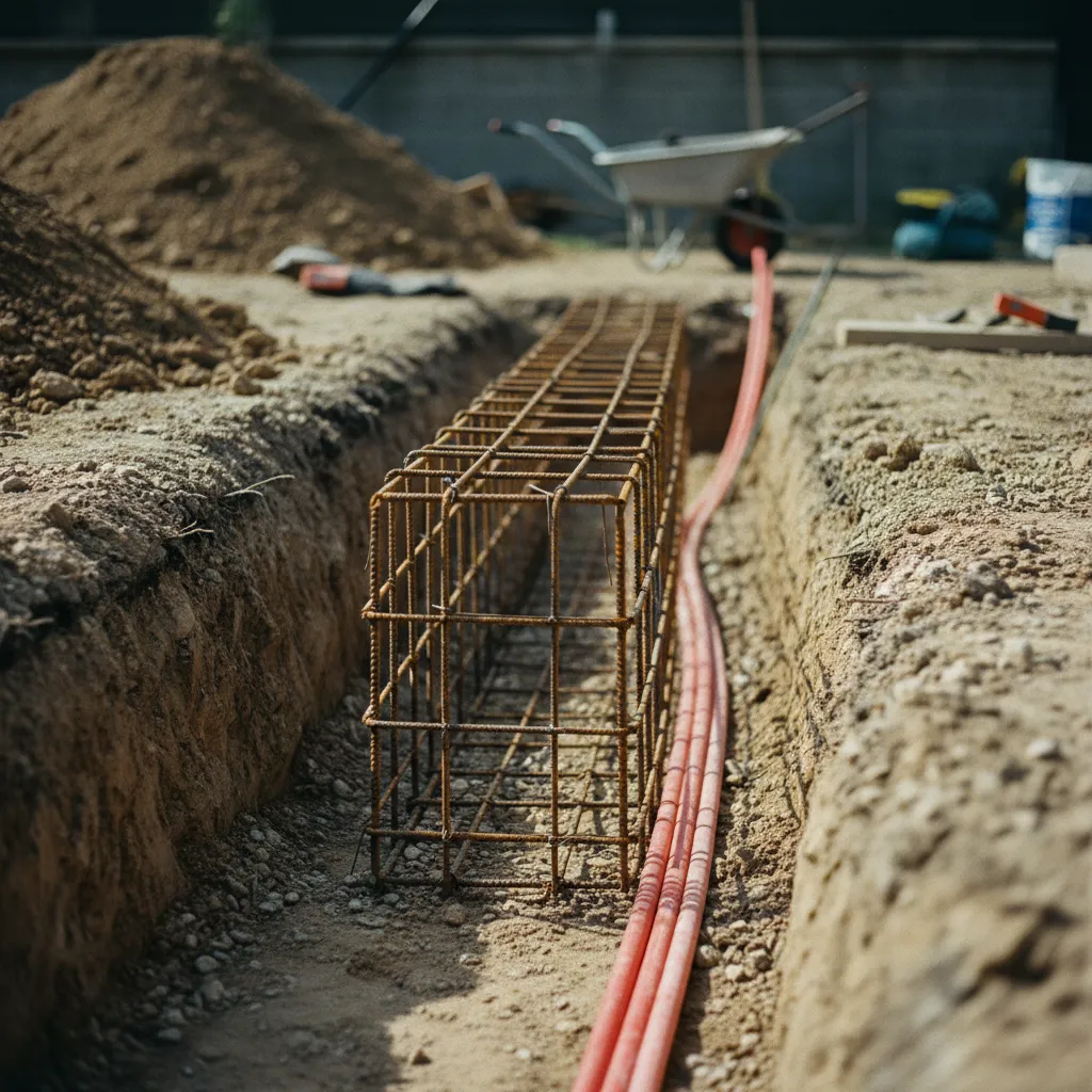 Ferraillage en place dans la tranchée avec gaines électriques TPC rouges