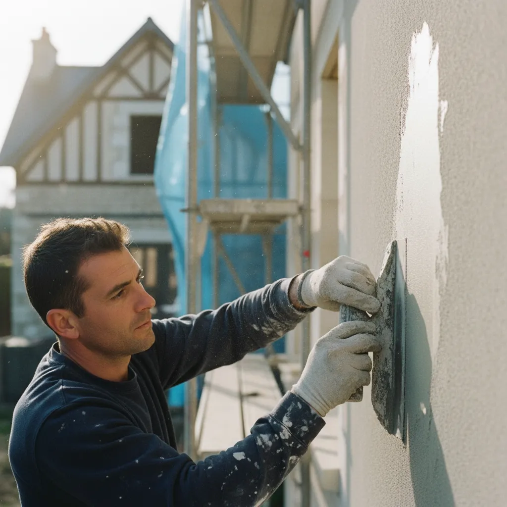 Application d'un enduit de façade à la taloche par un facadier professionnel