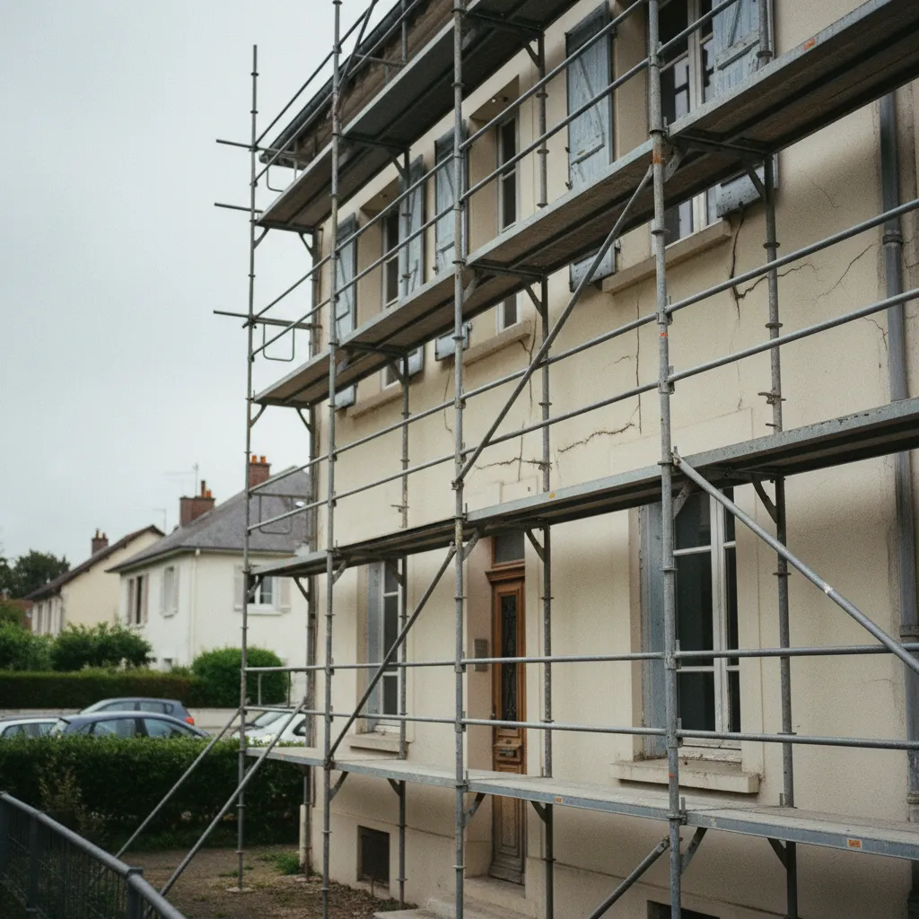 Échafaudage posé sur une façade dégradée avant le début des travaux de ravalement