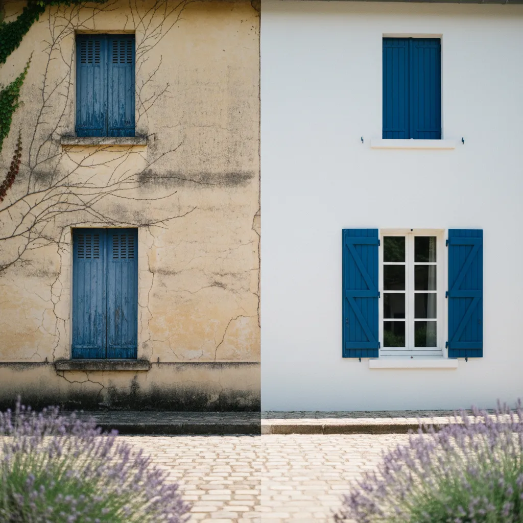 Résultat avant-après d'un ravalement complet avec reprise d'enduit sur maison individuelle