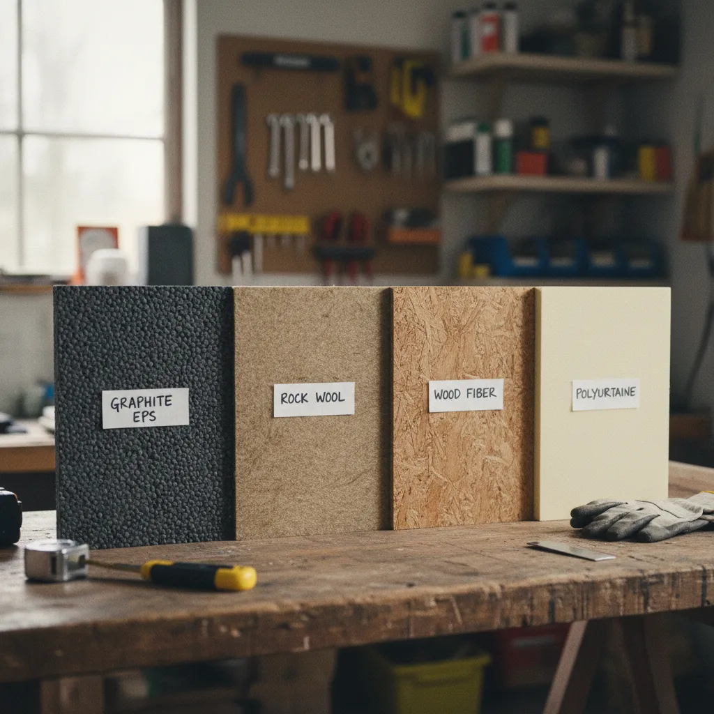 Comparatif des principaux isolants utilisés pour l'isolation extérieure : PSE graphité, laine de roche, fibre de bois et polyuréthane