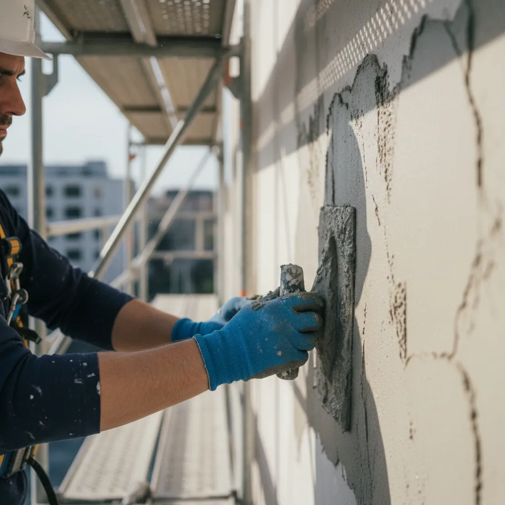 Application d'un enduit de façade à la taloche par un façadier professionnel