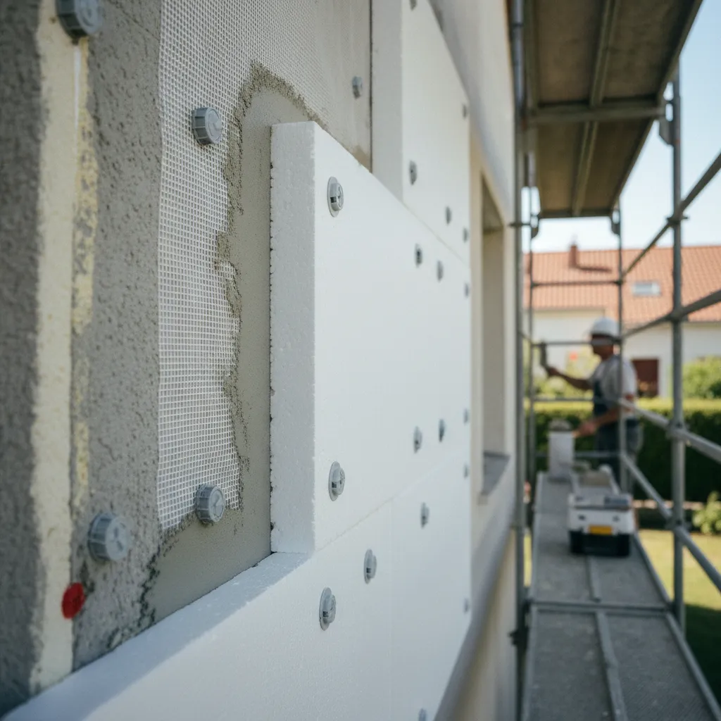 Pose de panneaux isolants en polystyrène pour une ITE avant l'enduit de finition