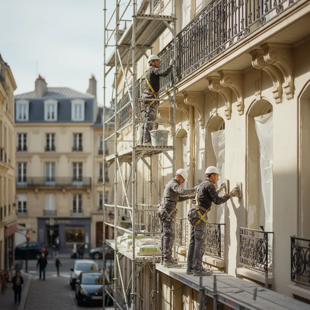 Façadiers appliquant un enduit de finition sur un immeuble en copropriété lors du ravalement