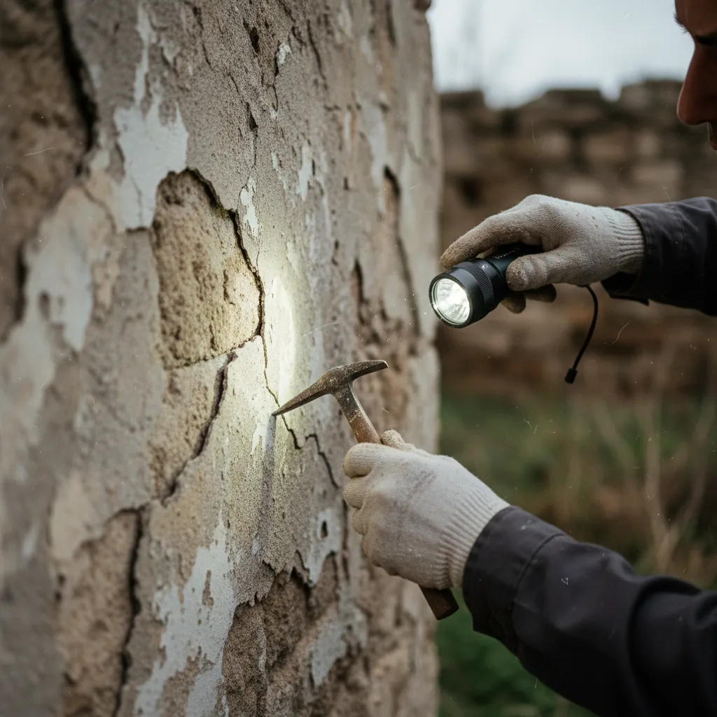 Diagnostic de façade : le façadier sonde l'enduit au marteau pour repérer les zones de décollement