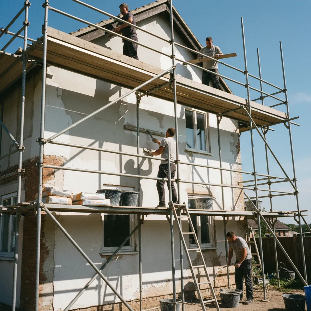 Application d'enduit de façade sur échafaudage : les façadiers travaillent par panneaux complets pour éviter les raccords