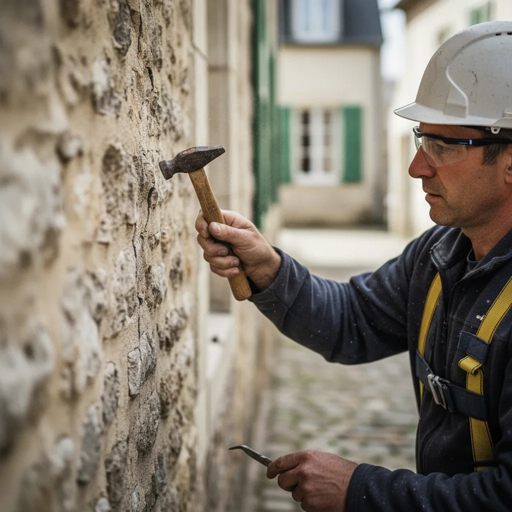 Diagnostic du support : le façadier inspecte les fissures et l'adhérence de l'enduit existant