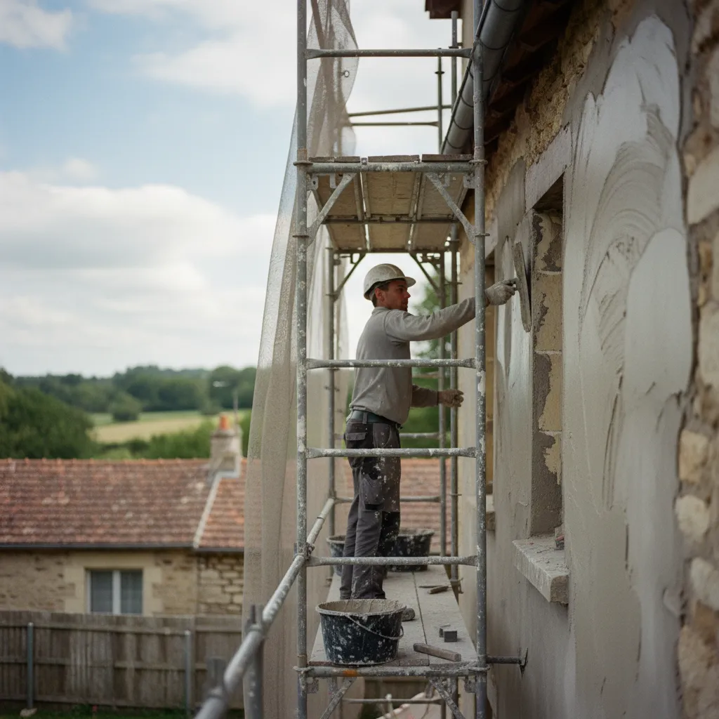 Application du revêtement de finition à la taloche sur la façade préparée