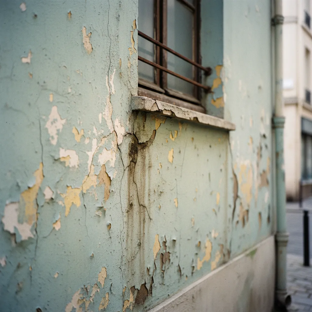 Façade dégradée présentant des fissures et des décollements d'enduit nécessitant un ravalement obligatoire