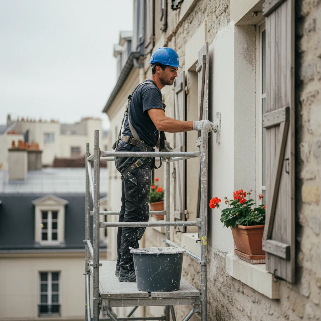 Application d'un enduit de ravalement par un façadier professionnel depuis un échafaudage