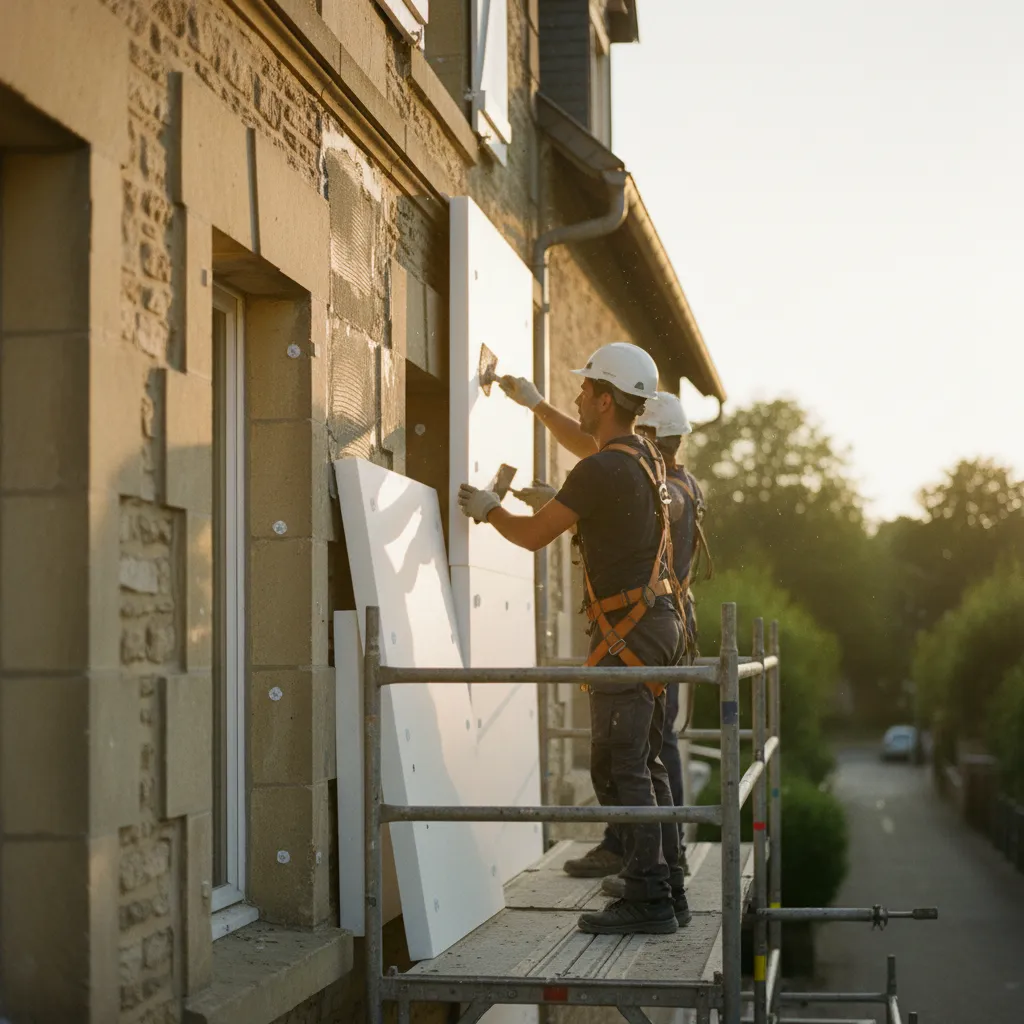 La pose d'une isolation thermique par l'extérieur en cours de chantier sur une maison individuelle