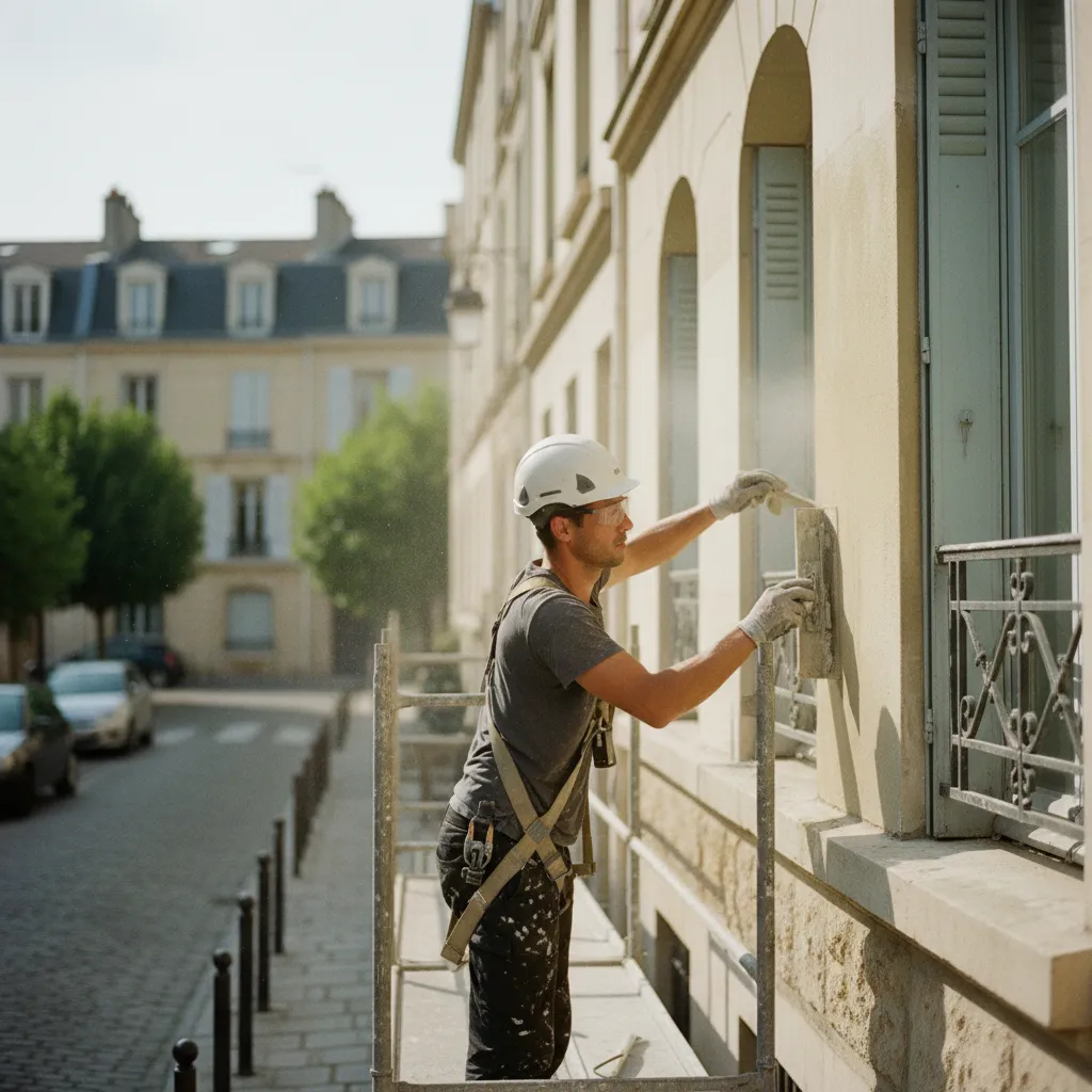 Application d'un enduit minéral lors d'un ravalement de façade à Lyon