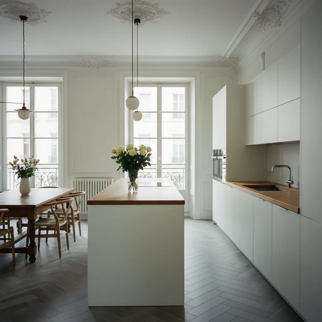 Cuisine rénovée dans un appartement lyonnais avec moulures d'origine préservées