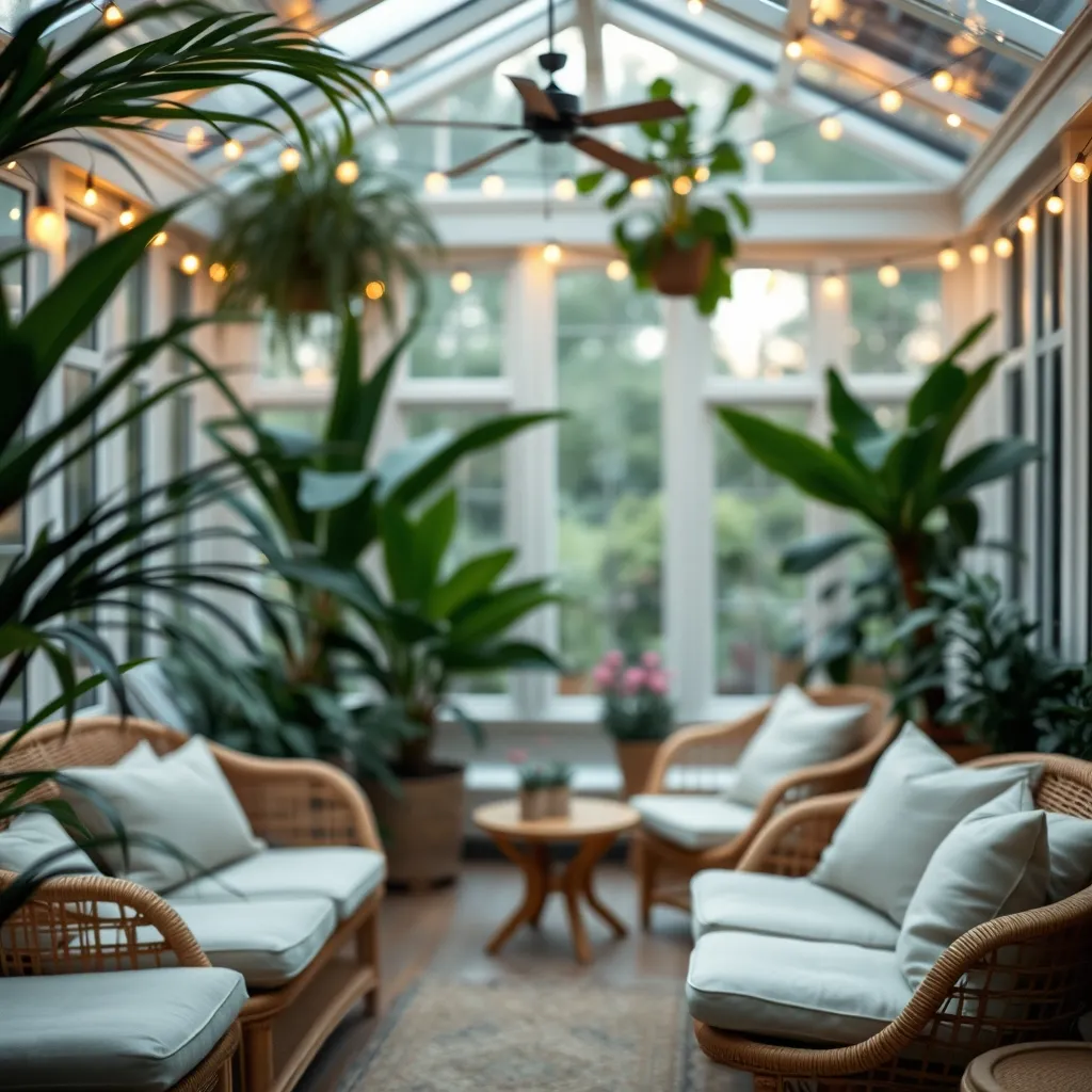 Plantes vertes et mobilier en rotin créent une ambiance cosy et naturelle dans la véranda