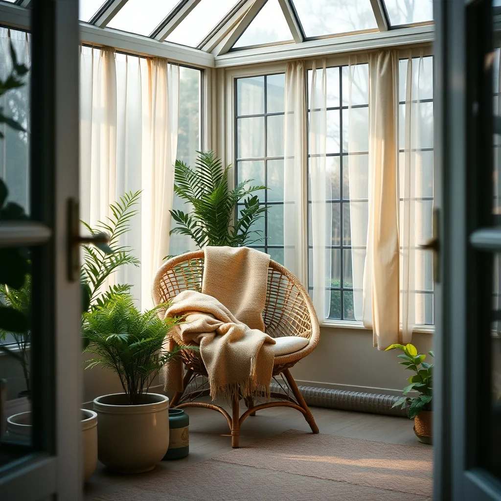 Un coin lecture chaleureux aménagé dans une véranda avec fauteuil en rotin et plantes