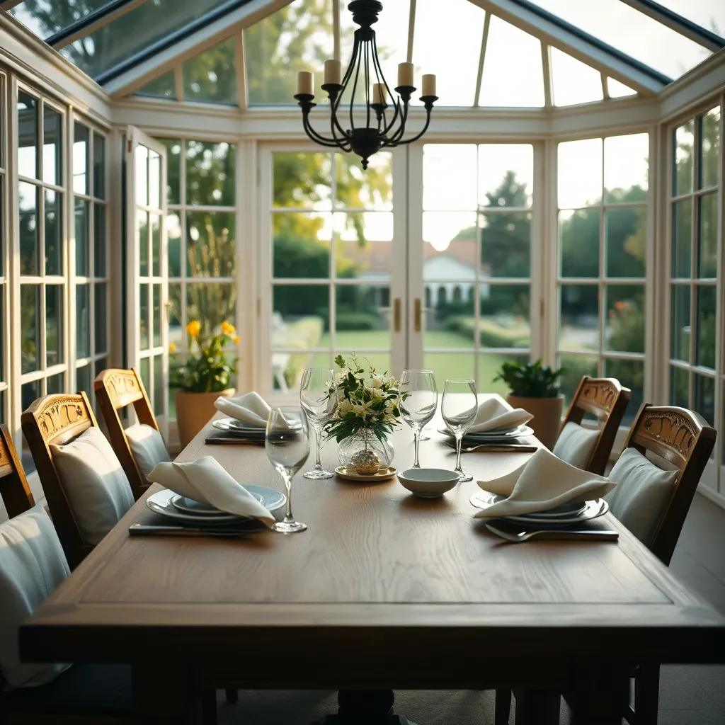 Une salle à manger élégante installée dans une véranda avec vue sur le jardin